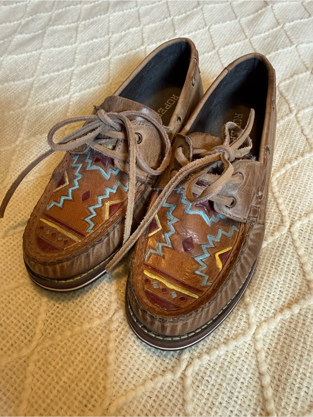 Roper Brown Leather Flats with Multicolor Southwestern Embroidery